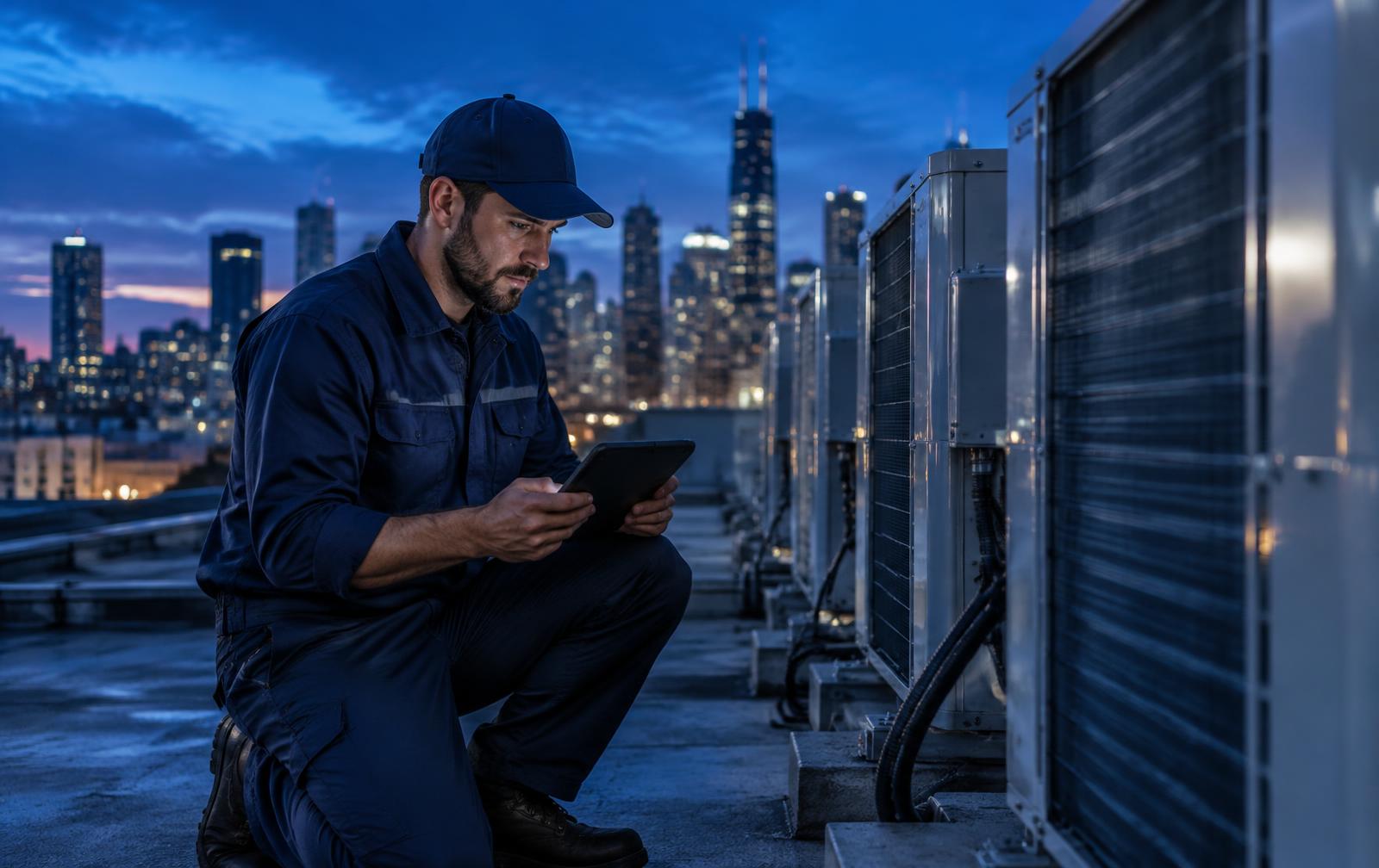 Técnico de climatização consultando o Smartclima App junto a condensadoras